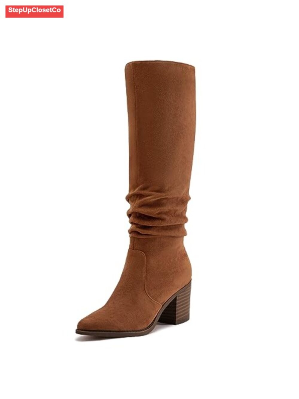 Faux Suede Knee High Boots Pointed Toe Chunky Heel Slouchy Women's